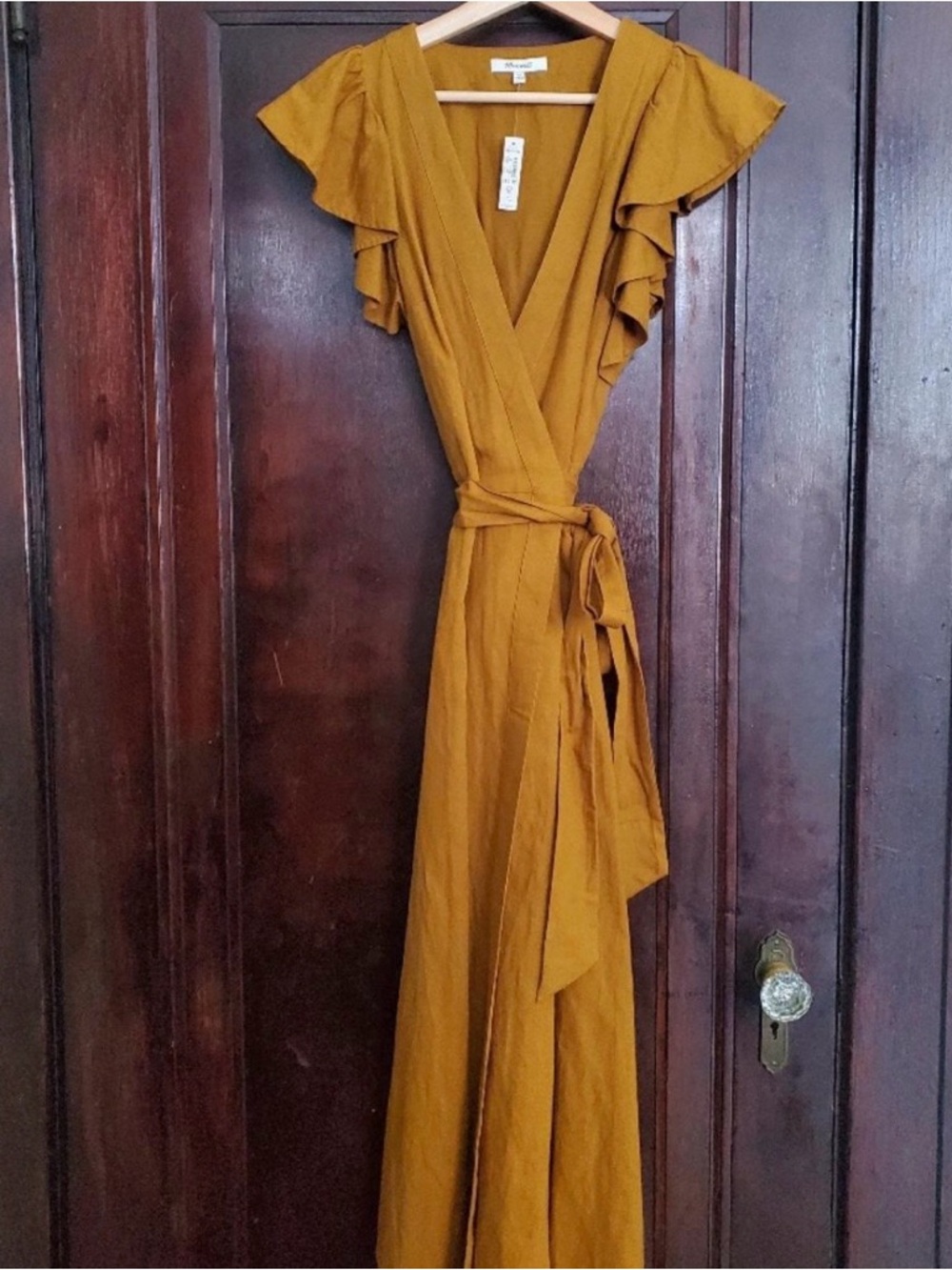 Madewell Mustard Wrap Maxi Dress with Ruffle Sleeves